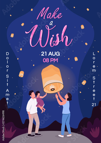 Make wish poster flat vector template. Sky lantern festival. Chinese flying lights. Brochure, booklet one page concept design with cartoon characters. Family bonding activity flyer, leaflet
