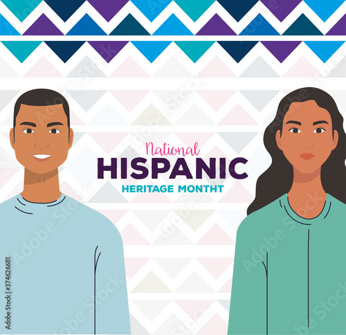 latin woman and man cartoons with blue shapes design, national hispanic heritage month and culture theme Vector illustration