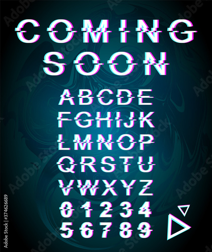 Coming soon glitch font template. Retro futuristic style vector alphabet set on blue iridescent background. Capital letters, numbers and symbols. Announcement typeface design with distortion effect