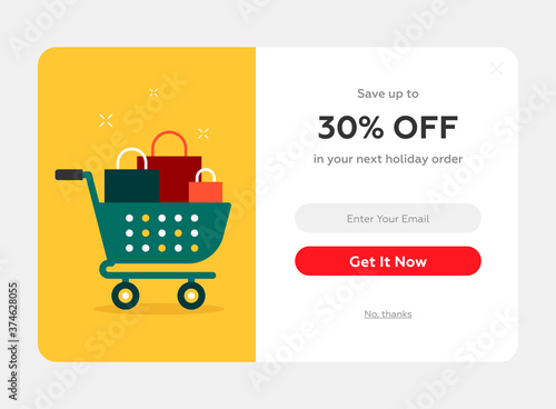 holiday discount popup with the cart full of presents