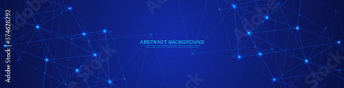 Website header or banner design with abstract geometric background and connecting dots and lines. Global network connection. Digital technology with plexus background and space for your text.