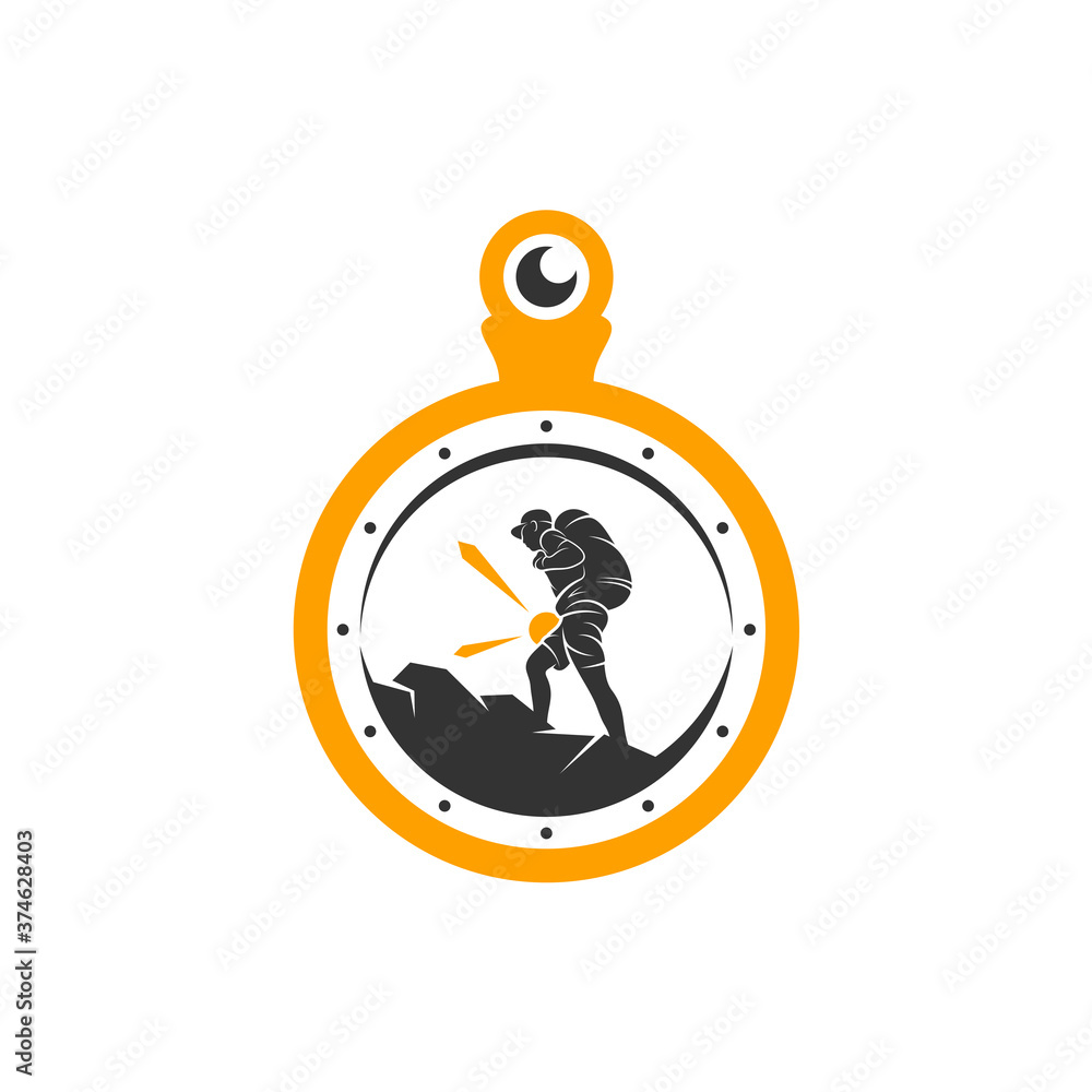 Climber with Clock logo design vector template. Outdoor activity logo symbol