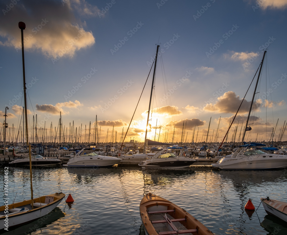 Fototapeta premium View of Ashkelon Marina at amazing sunset. The Mediterranean Sea. Israel