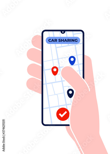Order carsharing online. The hand holds the smartphone
