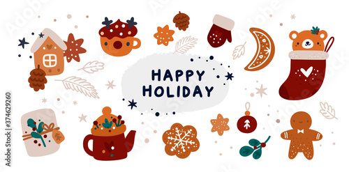 Merry Christmas and a happy new year! Set with festive design elements on a Christmas theme with cartoon elements. Holiday collection of gifts, decorations and cozy winter accessories
