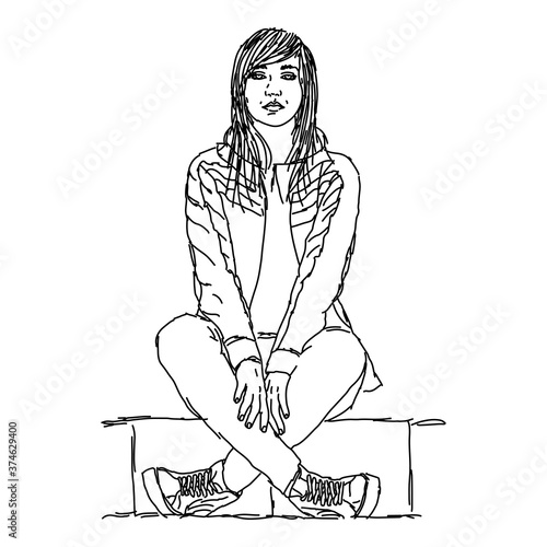 teenage girl black and white line art, sportswear sitting woman in sneakers silhouette, editable vector illustration
