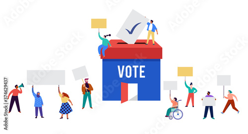 Group of people, walking with flags to elections. Crowd of women and men at a demonstration. Concept for election campaign, voting theme vector background. 