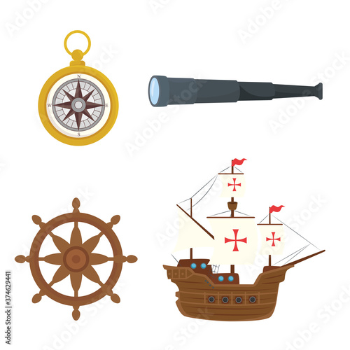 Columbus ship telescope compass and rudder design of happy columbus day america and discovery theme Vector illustration