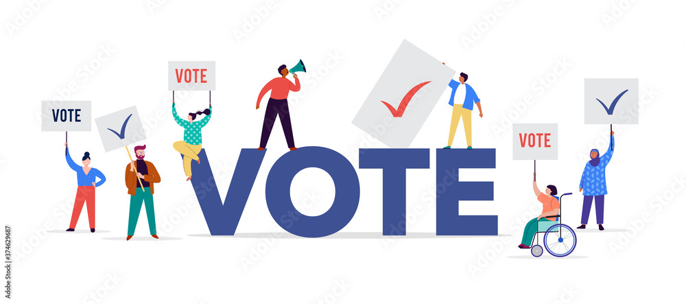 Group of people, walking with flags to elections. Crowd of women and men at a demonstration. Concept for election campaign, voting theme vector background. Group of people, walking with flags to elections. Crowd of women and men at a demonstration. Concept for election campaign, voting theme vector background.
