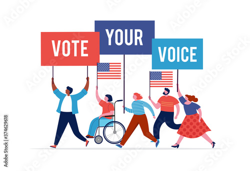 Group of people, walking with flags to elections. Crowd of women and men at a demonstration. Concept for election campaign, voting theme vector background. 
