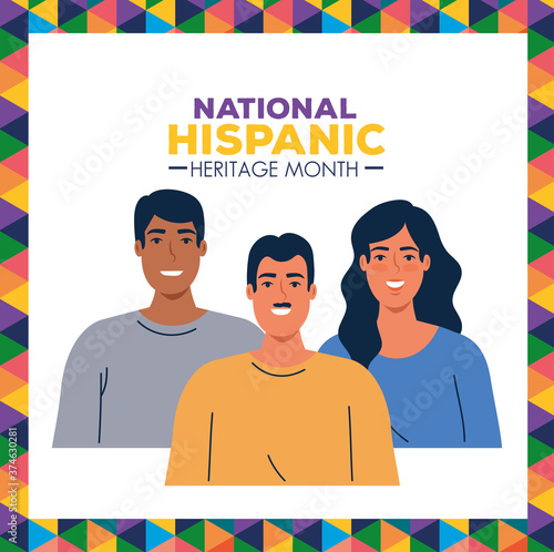 latin woman and men cartoons with colored shapes design, national hispanic heritage month and culture theme Vector illustration