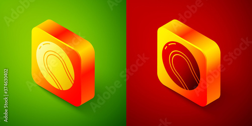 Isometric Baseball ball icon isolated on green and red background. Square button. Vector Illustration.