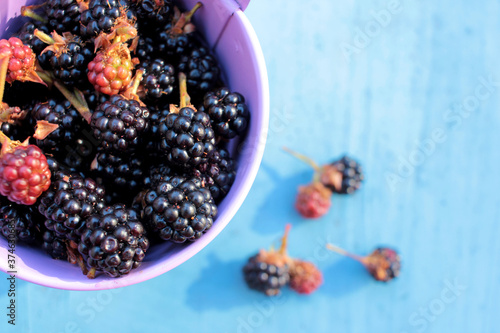 Fresh blackberries in decorative bucket on wooden background. Top view. Copy space. Summer berries on the table. Selective focus 