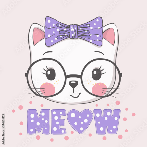Cute cat girl face with glasses, bow. Meow slogan. Cartoon vector illustration design for t-shirt graphics, fashion prints