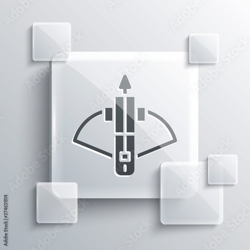 Grey Battle crossbow with arrow icon isolated on grey background. Square glass panels. Vector.