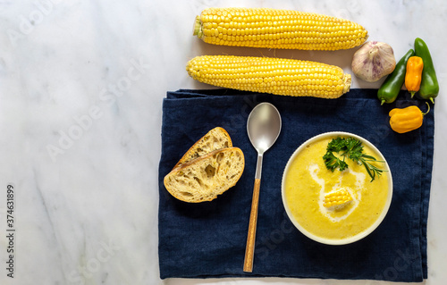 Traditional autumn spicy corn soup. Vegetarian cuisine.