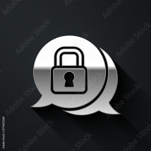 Silver Cyber security icon isolated on black background. Closed padlock on digital circuit board. Safety concept. Digital data protection. Long shadow style. Vector.