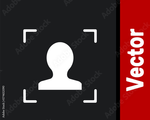 White Face recognition icon isolated on black background. Face identification scanner icon. Facial id. Cyber security concept. Vector.