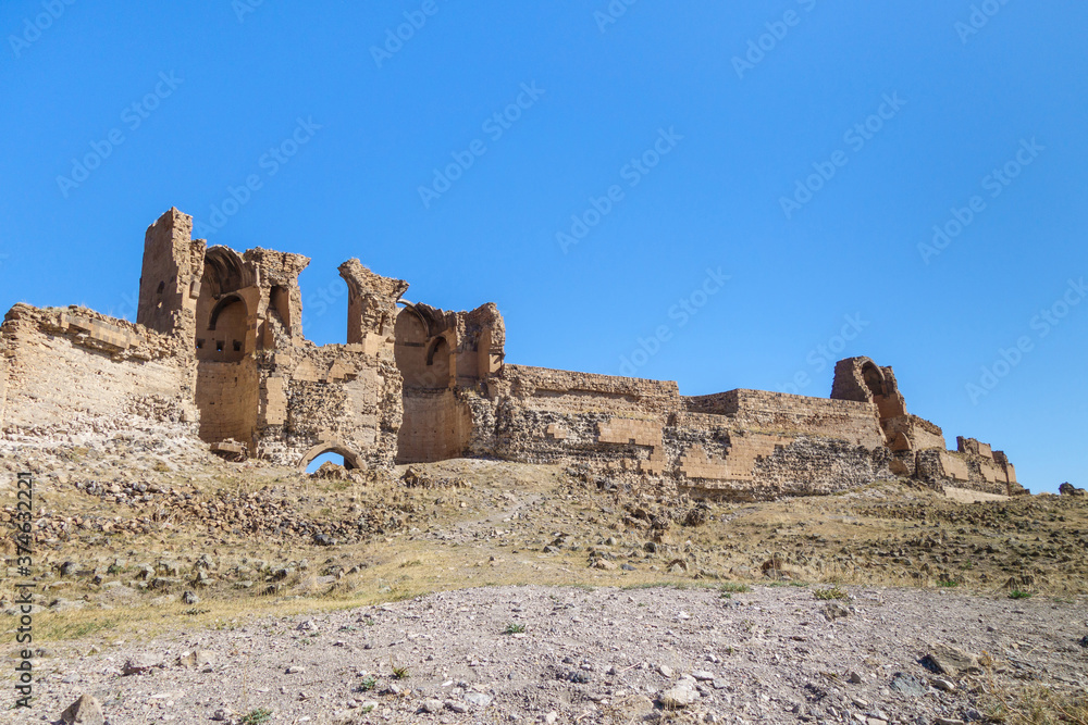 Remains of gates, watchtower & powerful walls of medieval city Ani, near Kars, Turkey. City founded in 5 century, & finally abandoned in 16-17. All the city buildings are included in UNESCO List