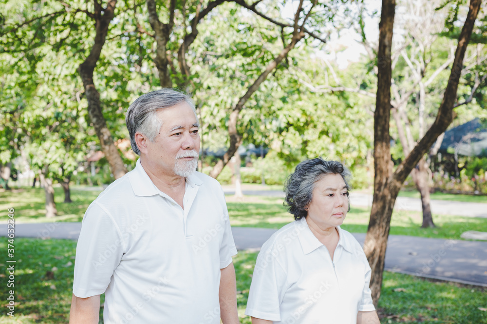 Old couple walking in a park together. Grandfather and grandmother get touchy each other after elderly couple had argument. Husband and wife get stressed and ignore each other, They get unhappy Old couple walking in a park together. Grandfather and grandmother get touchy each other after elderly couple had argument. Husband and wife get stressed and ignore each other, They get unhappy