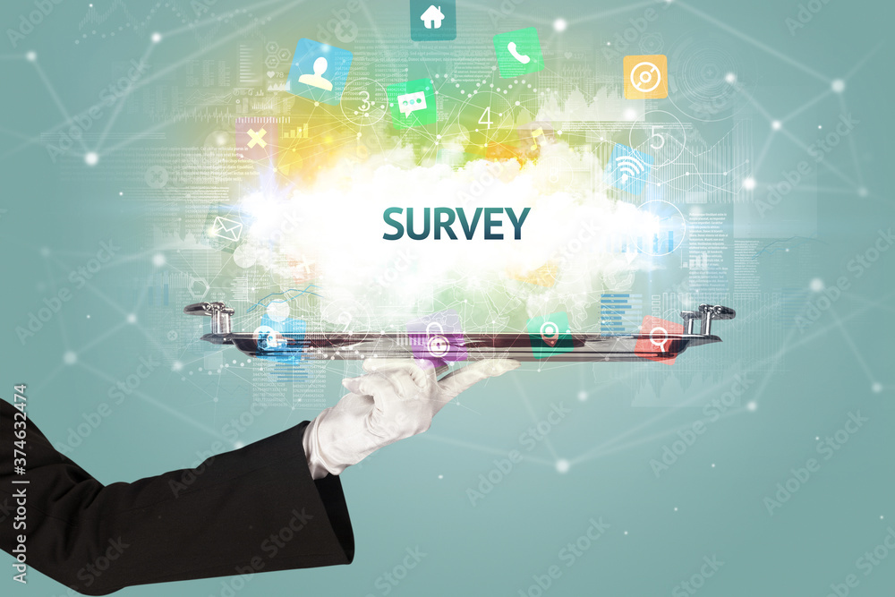 Waiter serving social networking concept with SURVEY inscription Waiter serving social networking concept with SURVEY inscription