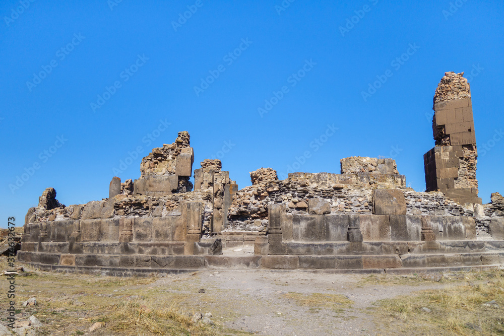 Front view onto remains of King Gagik's church of St Gregory in medieval city Ani, near Kars, Turkey. It was built in 1005, ruined during conquests & earthquakes. Now it's UNESCO object