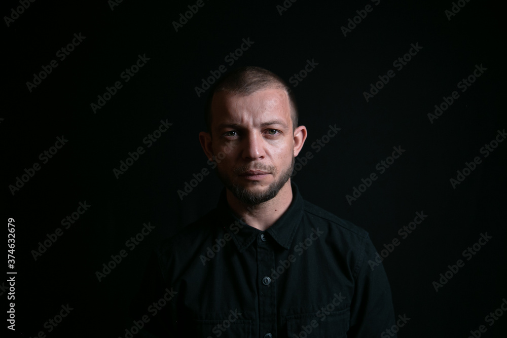 Emotional man portrait on black background