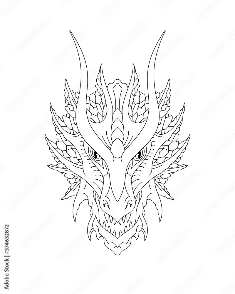 Obraz premium Chinese Dragon Head. Line Art Vector Illustration