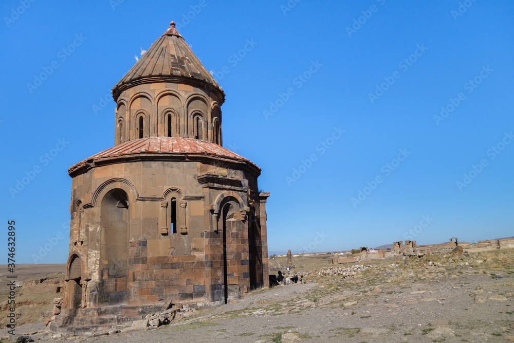 Armenian apostolic church of St Gregory of the Abughamrents family in medieval city Ani, near Kars, Turkey. Church was built in 10 century in very traditional style. It's UNESCO Heritage List object Armenian apostolic church of St Gregory of the Abughamrents family in medieval city Ani, near Kars, Turkey. Church was built in 10 century in very traditional style. It's UNESCO Heritage List object