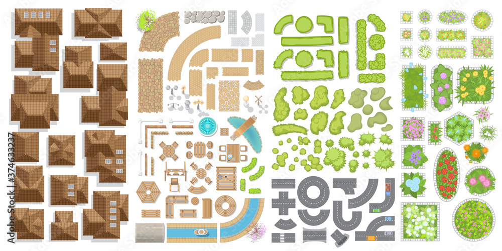 Set of landscape elements. Houses, architectural elements, plants. Top view. Trees, flower beds, roofs, pavement, fences, furniture. View from above. 