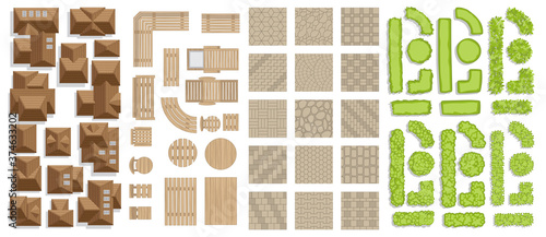 Set of landscape elements. Houses, architectural elements, plants. Top view. Outdoor furniture, tile roof, pavement, green fence. View from above. 