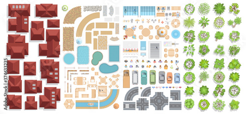 Set of landscape elements. Houses, architectural elements, furniture, trees. Top view. Road, cars, people, lights, furniture, houses, tiled roofs, paving stones. View from above. 
