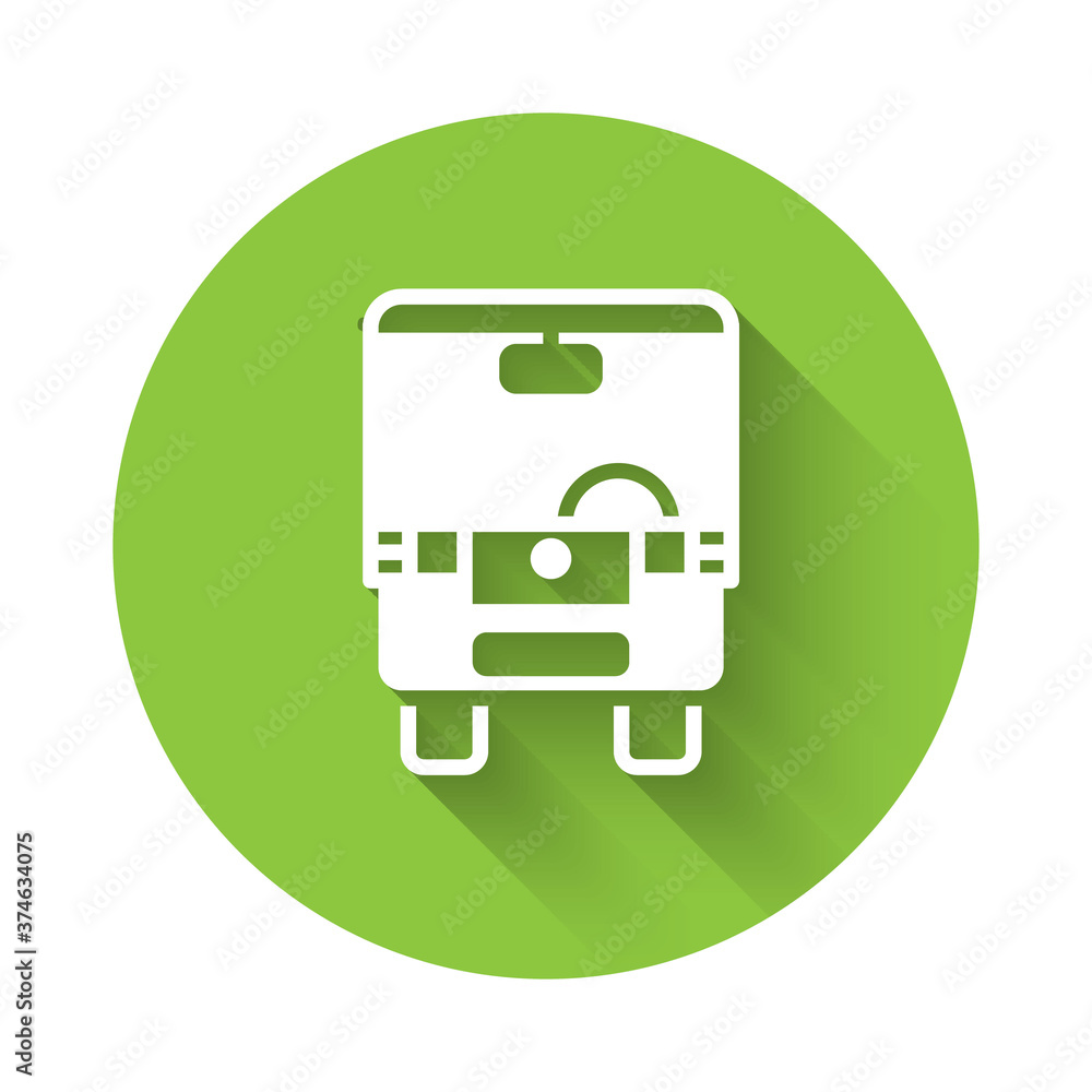 White Bus icon isolated with long shadow. Transportation concept. Bus tour transport sign. Tourism or public vehicle symbol. Green circle button. Vector. White Bus icon isolated with long shadow. Transportation concept. Bus tour transport sign. Tourism or public vehicle symbol. Green circle button. Vector.