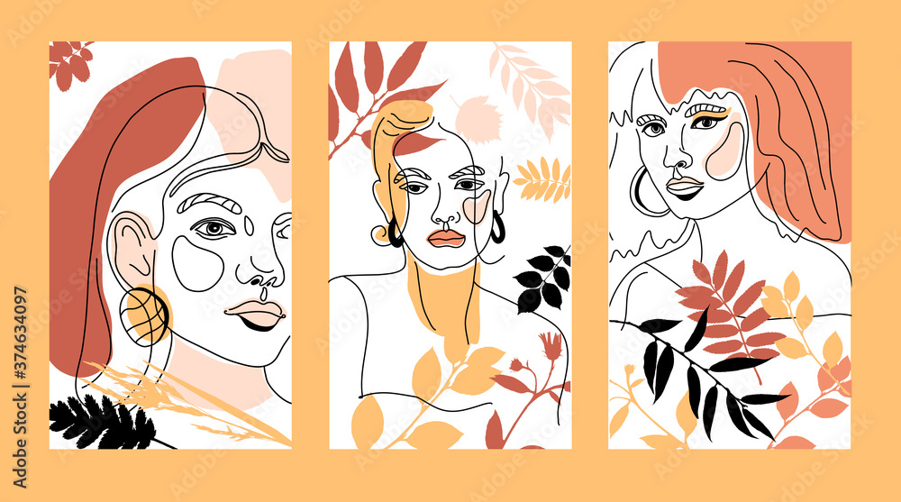 Fototapeta premium Set of banners with Womans Face Minimal Line Style ol-line drawing. Abstract Contemporary autumn color collage of geometric shapes in a modern trendy style. Vector female Portrait. Beauty Concept, t