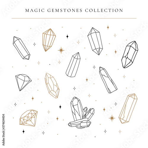 Big set of hand drawing crystal gems, line art