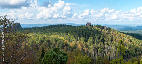 Krasnoyarsk, Stolby Nature Sanctuary, panoramic view of Taiga forest in Siberia photo
