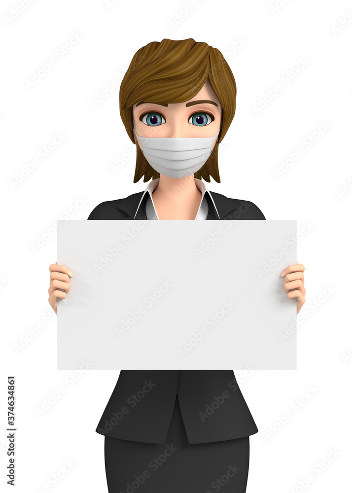 3D illustration character - A woman wearing a mask explains 3D illustration character - A woman wearing a mask explains