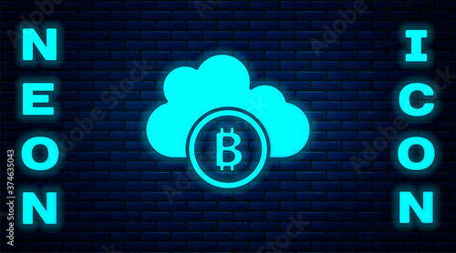 Glowing neon Cryptocurrency cloud mining icon isolated on brick wall background. Blockchain technology, bitcoin, digital money market, cryptocoin wallet. Vector.