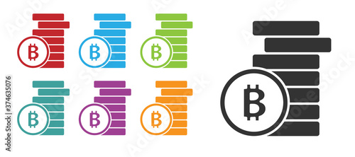 Black Cryptocurrency coin Bitcoin icon isolated on white background. Physical bit coin. Blockchain based secure crypto currency. Set icons colorful. Vector.