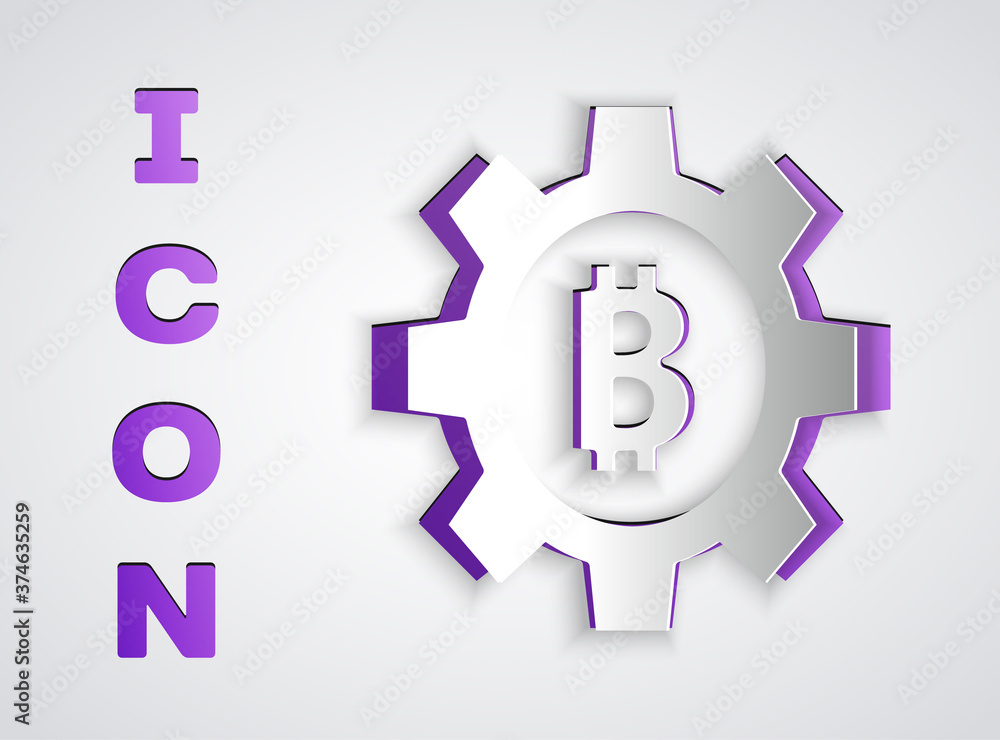 Paper cut Cryptocurrency coin Bitcoin icon isolated on grey background. Gear and Bitcoin setting. Blockchain based secure crypto currency. Paper art style. Vector. Paper cut Cryptocurrency coin Bitcoin icon isolated on grey background. Gear and Bitcoin setting. Blockchain based secure crypto currency. Paper art style. Vector.