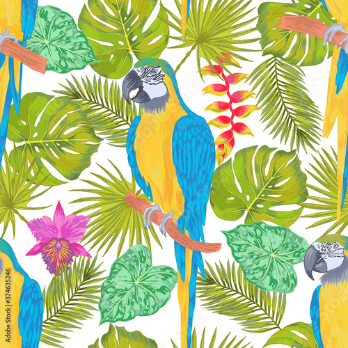 Vector parrots macaw sitting on a branch with tropical leaves and flower
seamless pattern