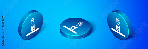 Isometric Slavic pagan idol icon isolated on blue background. Antique ritual wooden idol. Blue circle button. Vector.