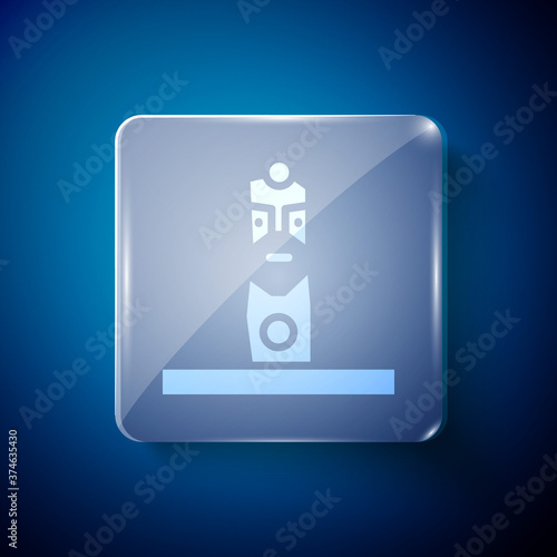 White Slavic pagan idol icon isolated on blue background. Antique ritual wooden idol. Square glass panels. Vector.