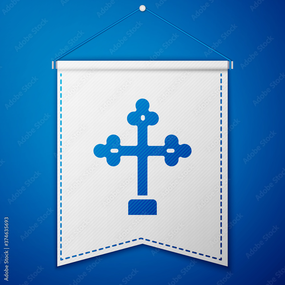 Obraz premium Blue Christian cross icon isolated on blue background. Church cross. White pennant template. Vector.