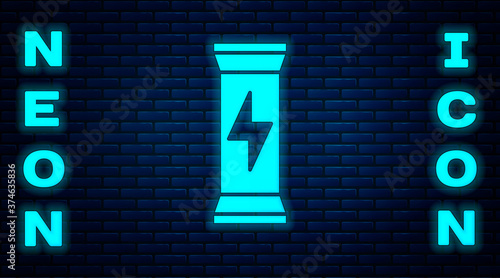 Glowing neon Sports nutrition bodybuilding proteine power drink and food icon isolated on brick wall background. Vector.
