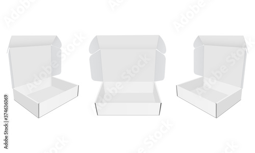 Set of mailing cardboard opened boxes with various views, isolated on white background. Vector illustration
