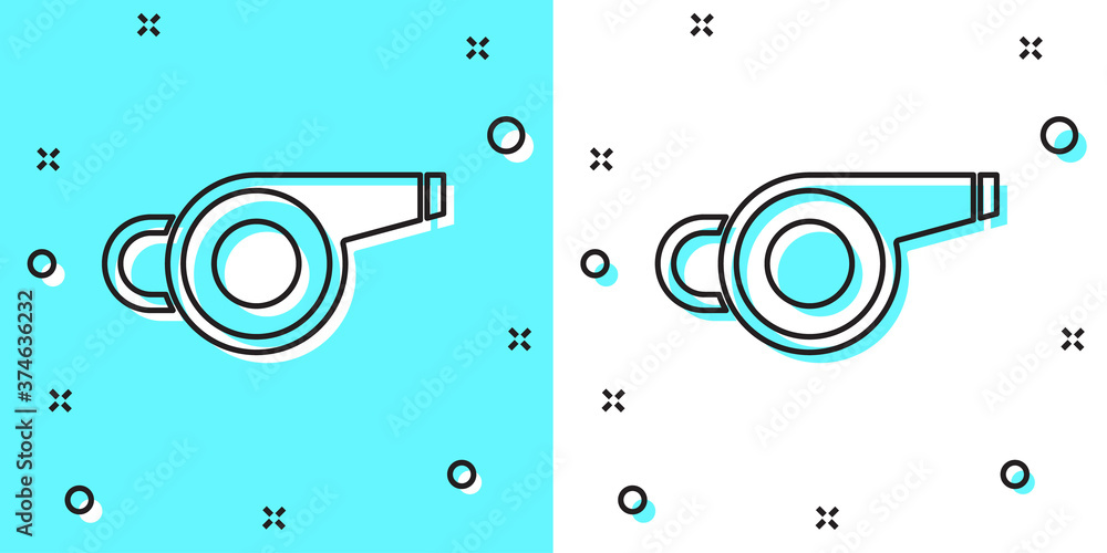 Black line Whistle icon isolated on green and white background. Referee symbol. Fitness and sport sign. Random dynamic shapes. Vector. Black line Whistle icon isolated on green and white background. Referee symbol. Fitness and sport sign. Random dynamic shapes. Vector.