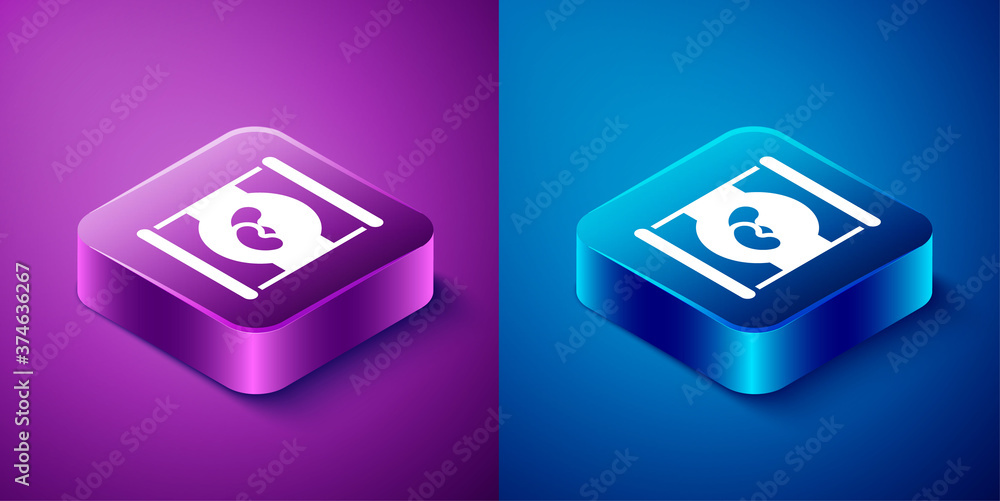 Isometric Beans in can icon isolated on blue and purple background. Square button. Vector. Isometric Beans in can icon isolated on blue and purple background. Square button. Vector.