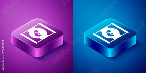 Isometric Beans in can icon isolated on blue and purple background. Square button. Vector.