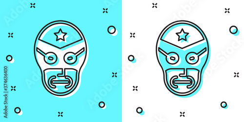 Black line Mexican wrestler icon isolated on green and white background. Random dynamic shapes. Vector.